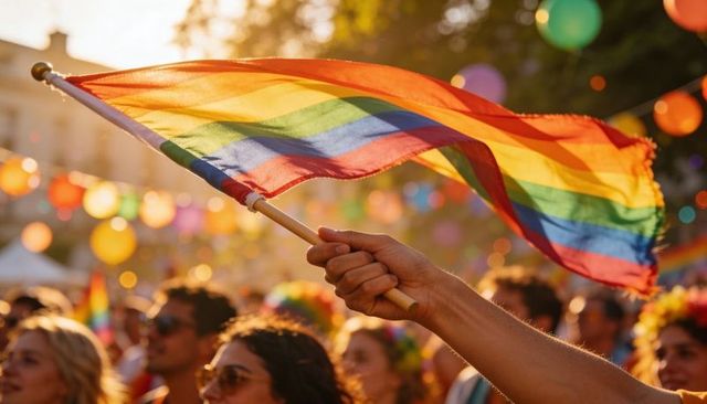 Handheld rainbow pride flag waving at vibrant city pride parade at sunset with lanterns