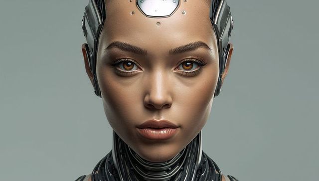 Staring female cyborg with metallic forehead plate, glossy neck armor and piercing gaze