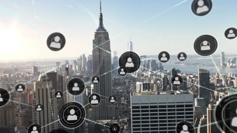 Digital Networking Icons Overlaying New York City Skyline
