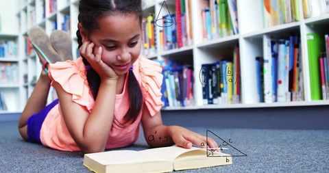 Happy girl reading book in colorful library setting