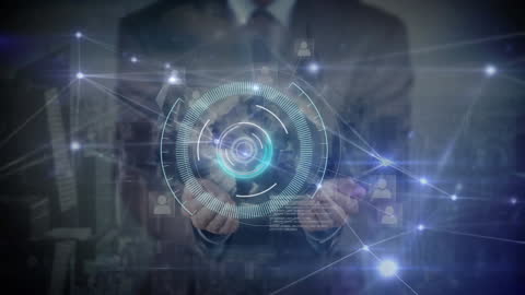 Businessman Interacting with Digital Interface and Network Connections