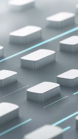 Vertical tech video panning pill-shaped modules on metallic floor with cyan lines