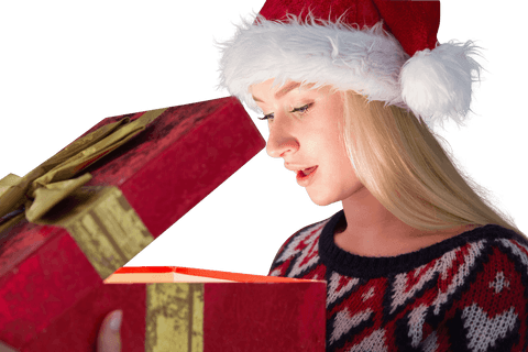Blonde woman excitedly opening gift box transparent background
