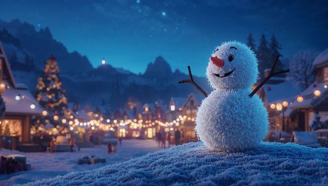 Joyful Snowman Welcoming Villagers in Festive Winter Scene