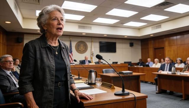 Senior woman addressing judicial hearing from lectern in courtroom with panel and audience