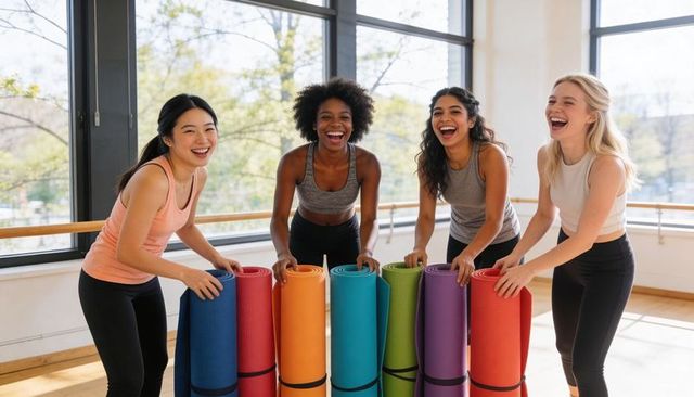 Diverse women laughing with colorful yoga mats in bright fitness studio