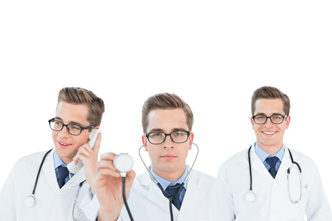 Caucasian male doctors displaying professional roles on transparent background