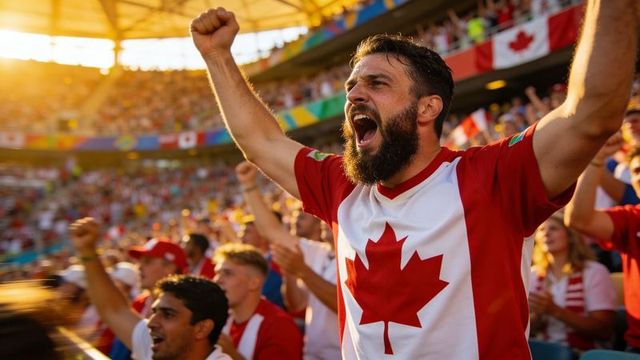 Passionate canadian soccer fan cheering with arms raised wearing maple leaf jersey