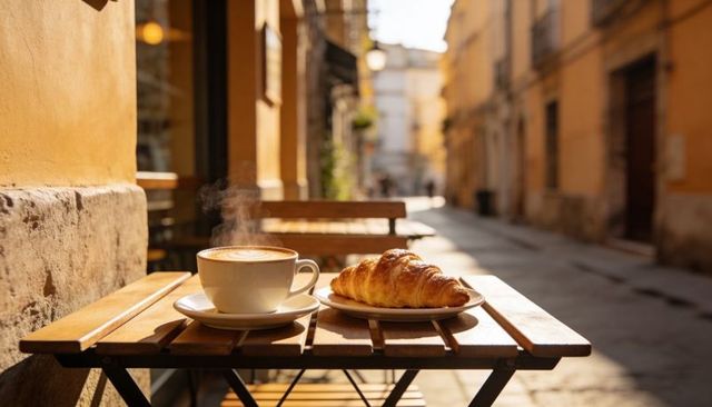 Sunlight bathing cafe table, steaming cappuccino and golden croissant, warm ochre street