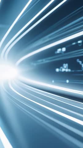 Streaming light-speed data tunnel for vertical video with glowing streaks and floating glyphs