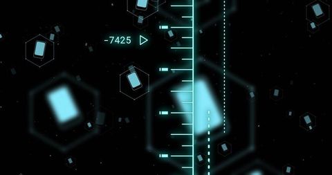 Glowing vertical cyan ruler floating in dark digital grid showing dotted guide and numeric readout