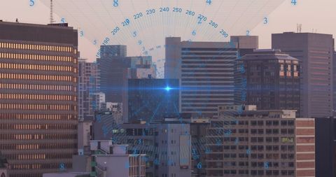 Futuristic Data Visualization Overlay on Urban Cityscape