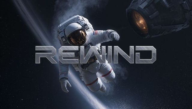 Astronaut Floating Above Earth with Metallic REWIND Typography and Space Capsule