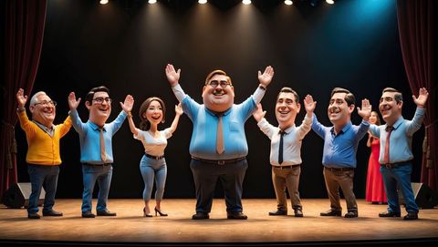 Colorful and engaging scene of individuals dressed in business attire, enthusiastically raising their arms onstage. Highlighting themes of teamwork and achievement, this image captures a lively moment, emanating professionalism and energy. Useful for illustrating concepts like public speaking, professional gatherings, or events showcasing achievements or group dynamics.