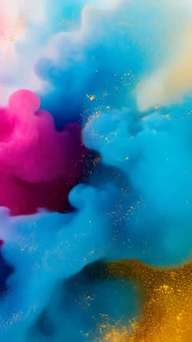 Vertical pigment clouds drifting and merging with gold flecks, vibrant color explosion