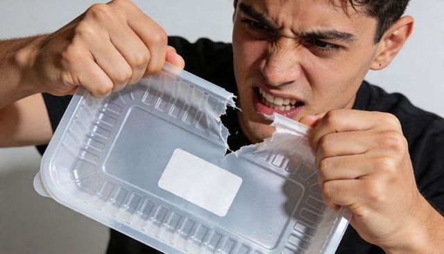Young man tearing takeout container showing anger and frustration at plastic packaging