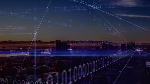 Futuristic Cityscape with Digital Connections and Binary Codes