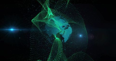 Rotating holographic data globe with teal particle ribbons and digital starfield