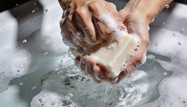 Hands lathering natural soap bar over sink with foamy splash for personal hygiene