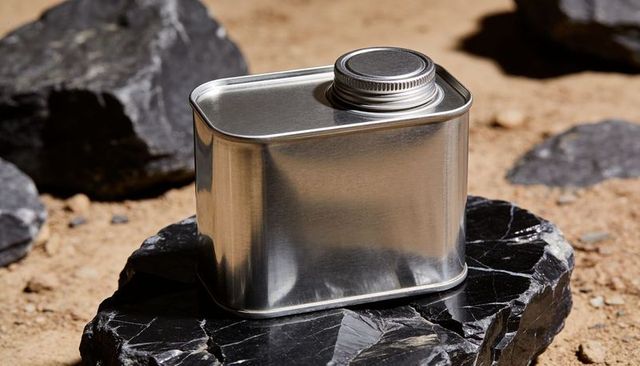 Silver rectangular metal can with screw-top cap reflecting sunlight on desert rock