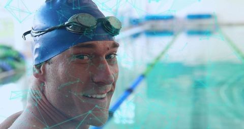 Swimmer relaxing by pool with futuristic digital elements