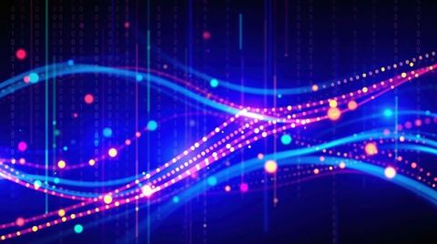 Vibrant neon waves with binary code and glowing particles