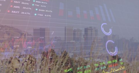 Financial graphs overlaid on cityscape reflecting global business trends