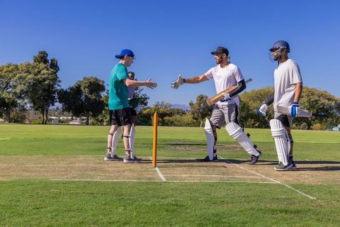 Diverse male cricketers shaking hands at batting crease holding bats and pads on sunny pitch
