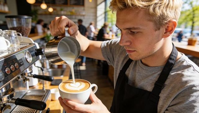 Barista pouring heart-shaped latte art into cup at busy cafe counter, close-up action