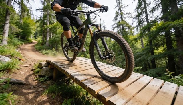 Riding mountain biker crossing narrow wooden bridge on forest singletrack trail