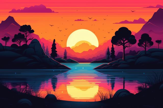 Sunset landscape with trees, mountains and lake created using generative ai technology. Landscape and nature concept digitally generated image.