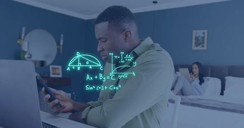 man using laptop and phone with math equations overlaid - Download Free Stock Images Pikwizard.com