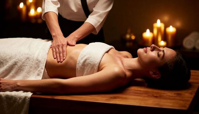 Candlelit abdominal massage promoting deep relaxation and wellness at luxury spa