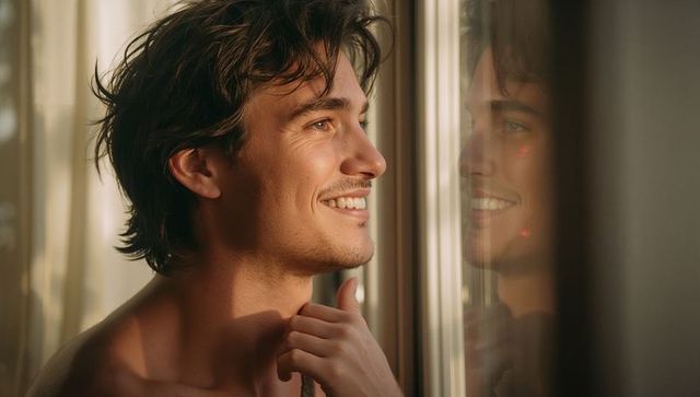 Smiling man gazing at window reflection in warm morning light