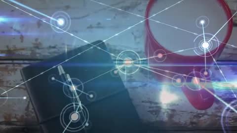 Digital Connectivity in Modern Workspace Overlaying Coffee Notebook