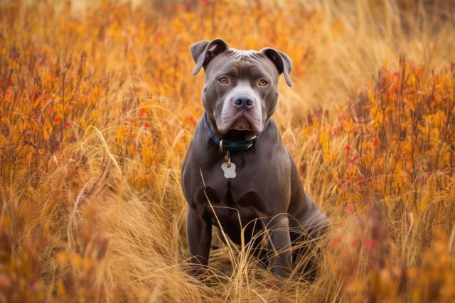 Pit bull sitting in a middle of a field during autumn. Tall grass around enhances the natural setting. Ideal for illustrating concepts related to pets, nature, outdoor activities, and seasonal themes.