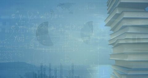 Financial analysis concept with stacked books and digital graphics