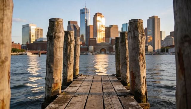 Weathered wooden dock leading toward downtown skyline at golden hour waterfront view