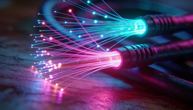 Glowing twin fiber optic cables casting cyan and magenta light on wooden surface