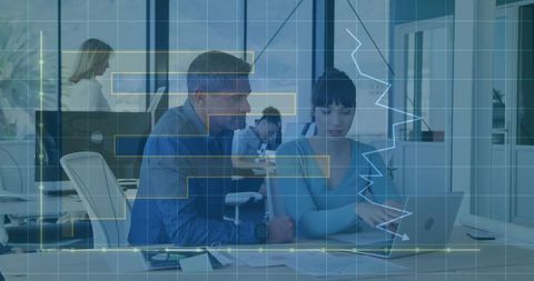 Colleagues Collaborating on Corporate Project with Digital Chart Overlay