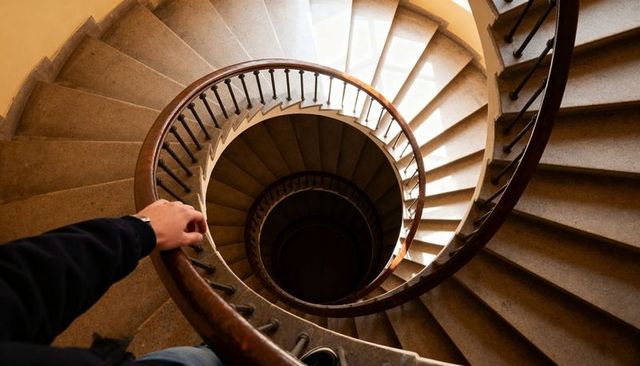Overhead View Looking Down Spiral Staircase Gripping Wooden Handrail Wearing Wristwatch