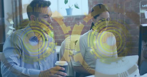 Business Team Collaboration with Futuristic Digital Interface Overlay