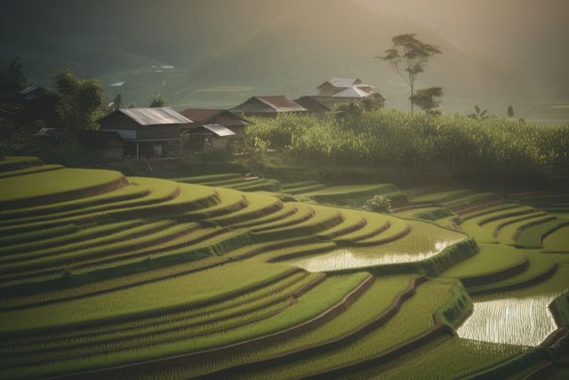 Serene green terraced rice fields extending into the distance, featuring traditional rural farmhouses under soft morning light. Captivating view with mist gently rolling over distant hills. Ideal for use in travel websites, agricultural blogs, eco-tourism brochures, or nature prints.