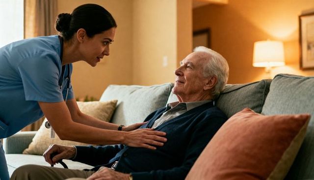 Home care nurse assessing elderly man on couch in cozy living room showing compassionate care