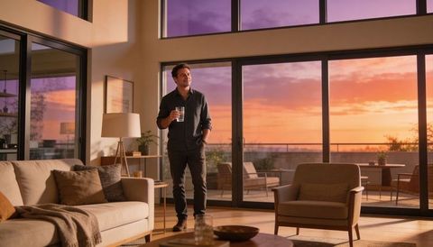 Man standing in modern living room at sunset holding glass overlooking balcony skyline