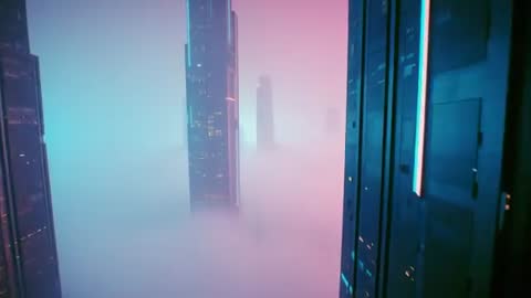 Panoramic View of Illuminated Futuristic Skyscrapers Among Morning Fog