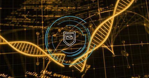 Golden DNA Double Helix with Futuristic Blue HUD and Shield Mail Security Interface