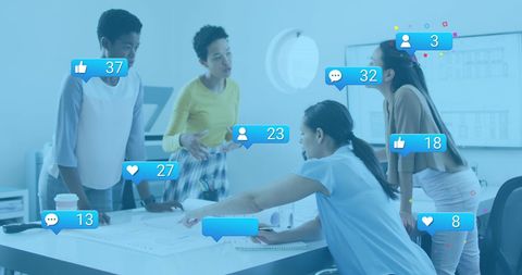 Diverse Team Discussing Strategy with Social Media Integration