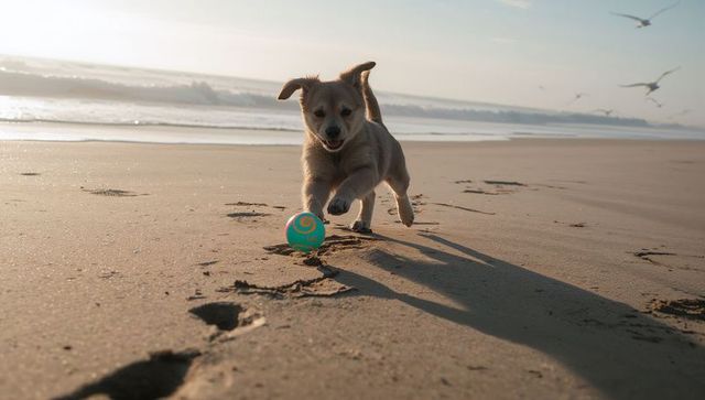Playful puppy chasing turquoise spiral ball on sandy beach at golden sunrise
