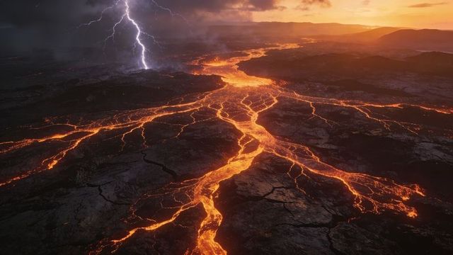 Molten lava flowing across cracked basalt plains with lightning striking at sunset